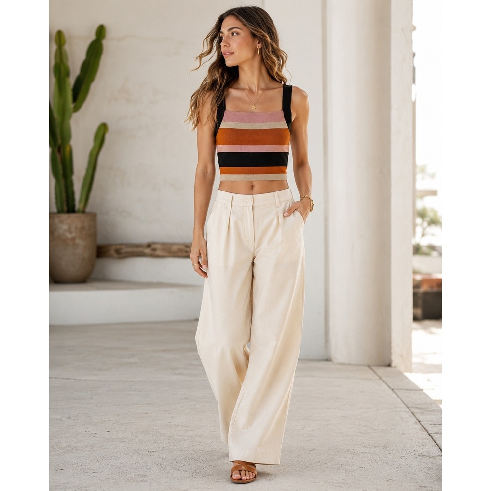 Vestique Striped Knit Square Neck Crop Top Multi Size L Retro